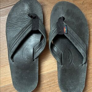 Rainbow Black Leather Flip Flops with Rainbow Tag